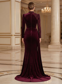 Sheath/Column High Neck Velvet Maxi Evening Dresses with Side Draped Sash