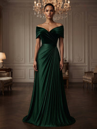 A-Line/Princess Off Shoulder Velvet Maxi Evening Dresses with Pleats