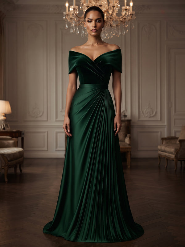 A-Line/Princess Off Shoulder Velvet Maxi Evening Dresses with Pleats