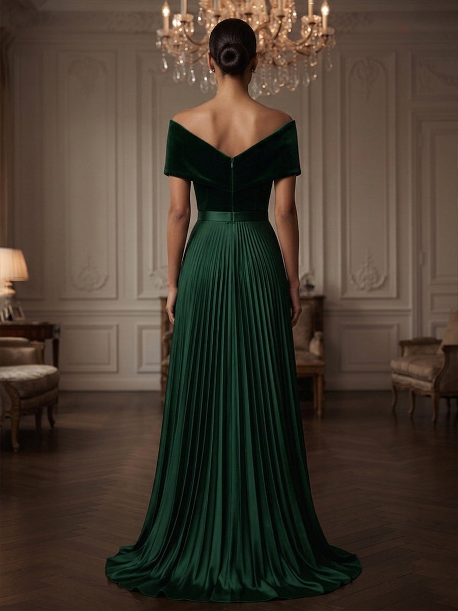 A-Line/Princess Off Shoulder Velvet Maxi Evening Dresses with Pleats