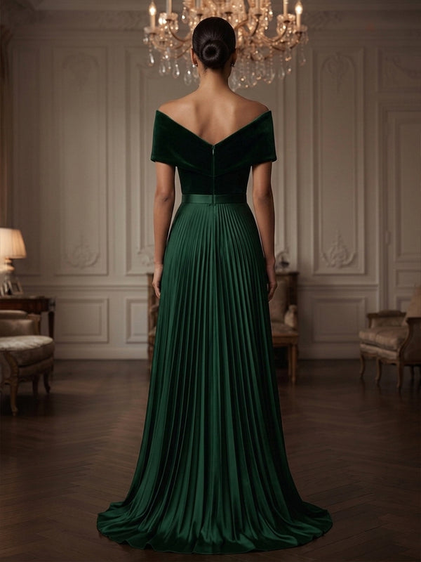 A-Line/Princess Off Shoulder Velvet Maxi Evening Dresses with Pleats