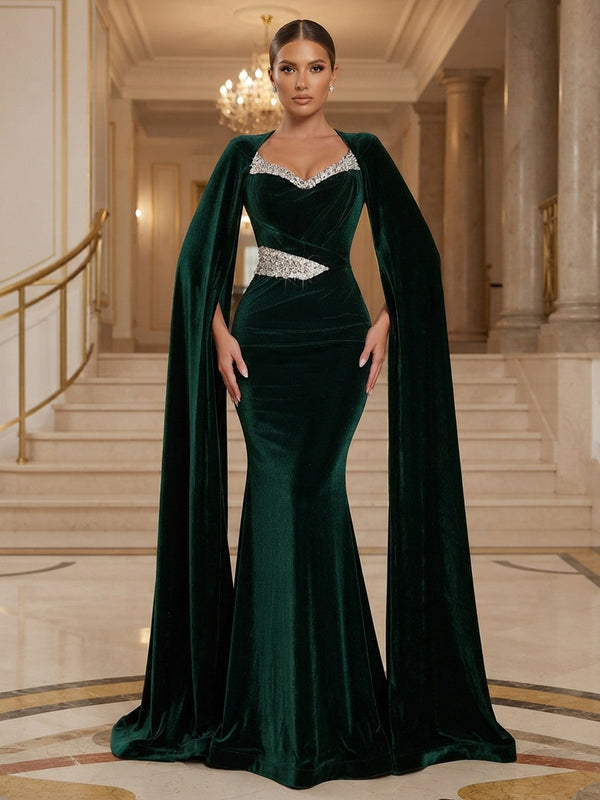 Mermaid/Trumpet V-Neck Velvet Maxi Evening Dresses with Rhinestones & Sweep Train