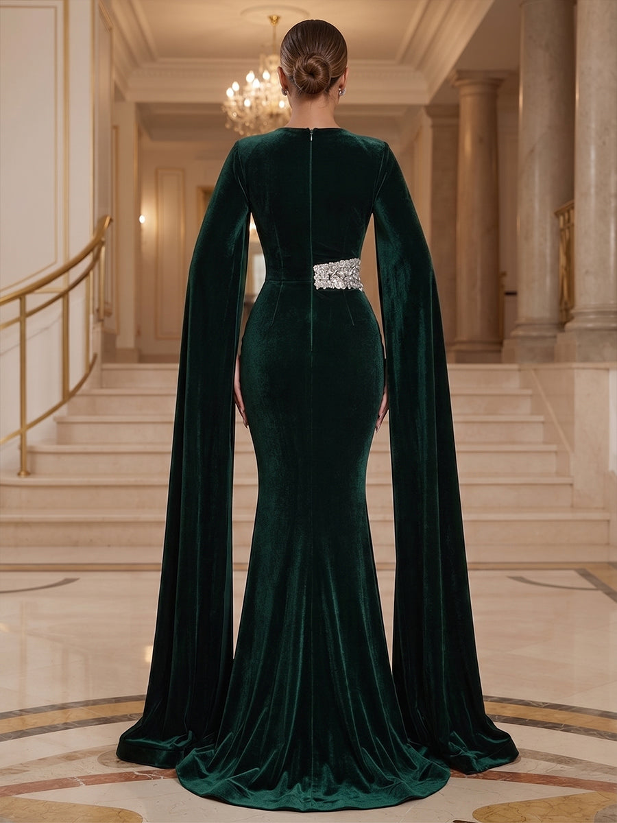 Mermaid/Trumpet V-Neck Velvet Maxi Evening Dresses with Rhinestones & Sweep Train
