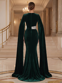 Mermaid/Trumpet V-Neck Velvet Maxi Evening Dresses with Rhinestones & Sweep Train