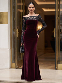 Sheath/Column Off Shoulder Velvet Maxi Evening Dresses with Lace