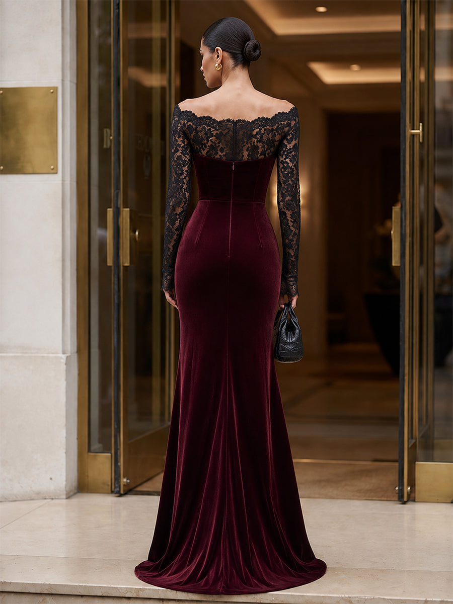 Sheath/Column Off Shoulder Velvet Maxi Evening Dresses with Lace