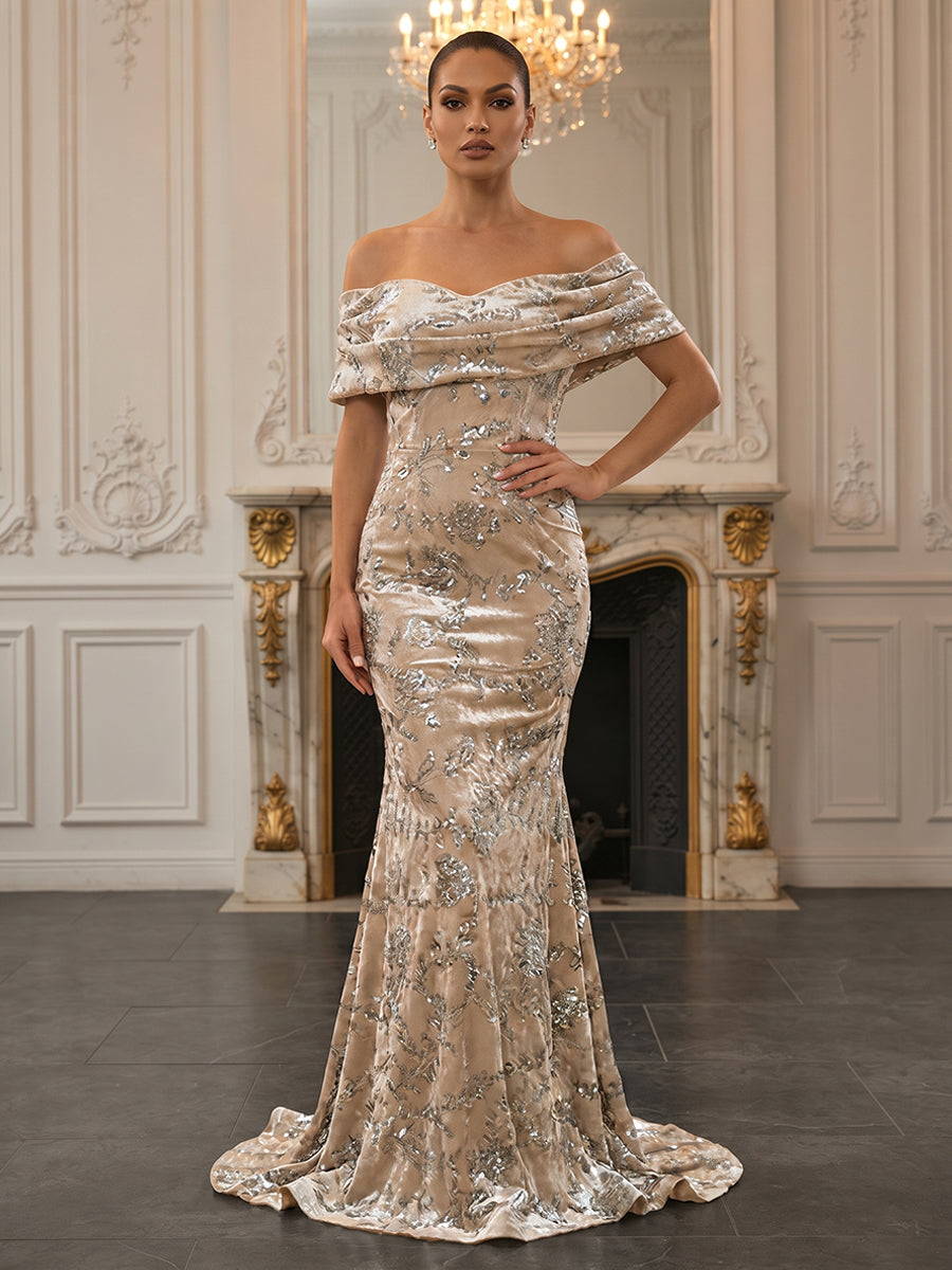 Mermaid/Trumpet Off Shoulder Velvet Maxi Evening Dresses with Sweep Train