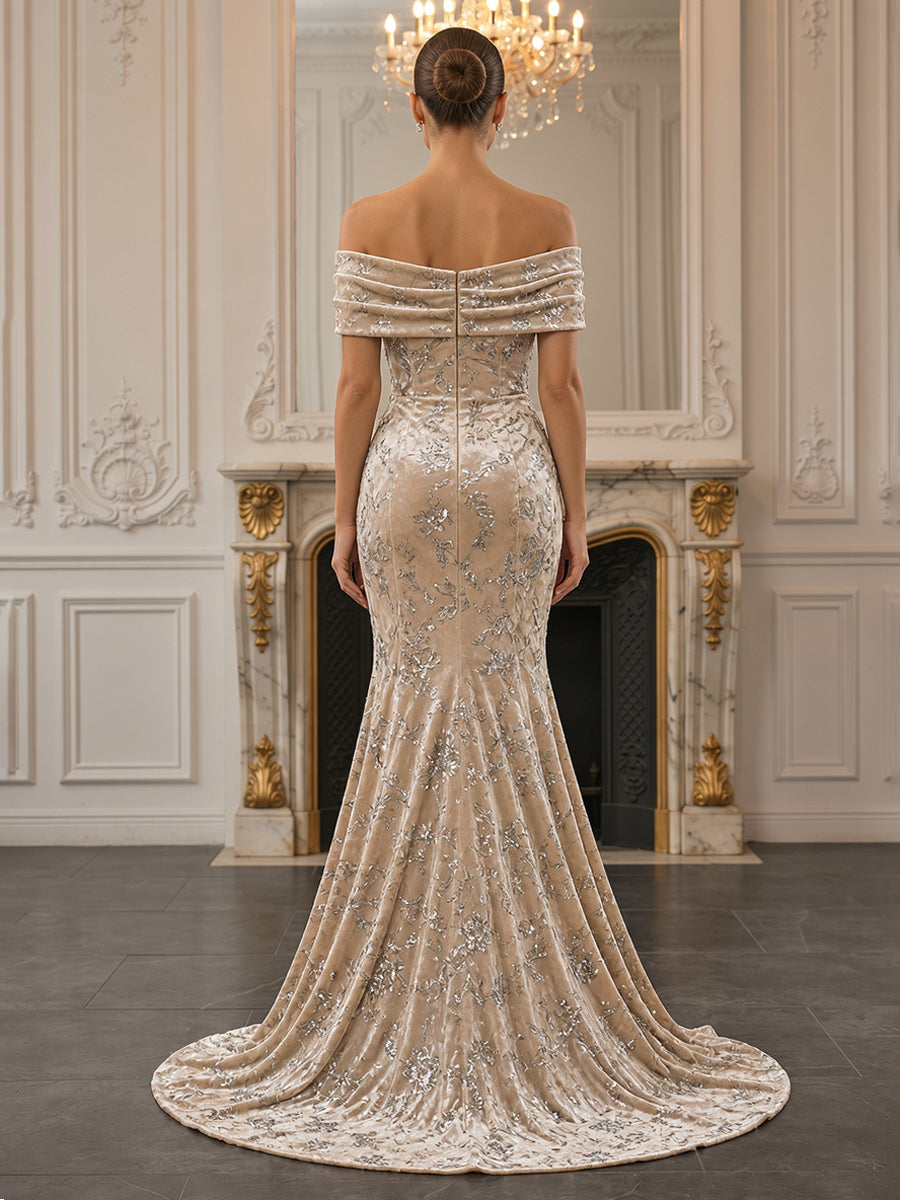 Mermaid/Trumpet Off Shoulder Velvet Maxi Evening Dresses with Sweep Train
