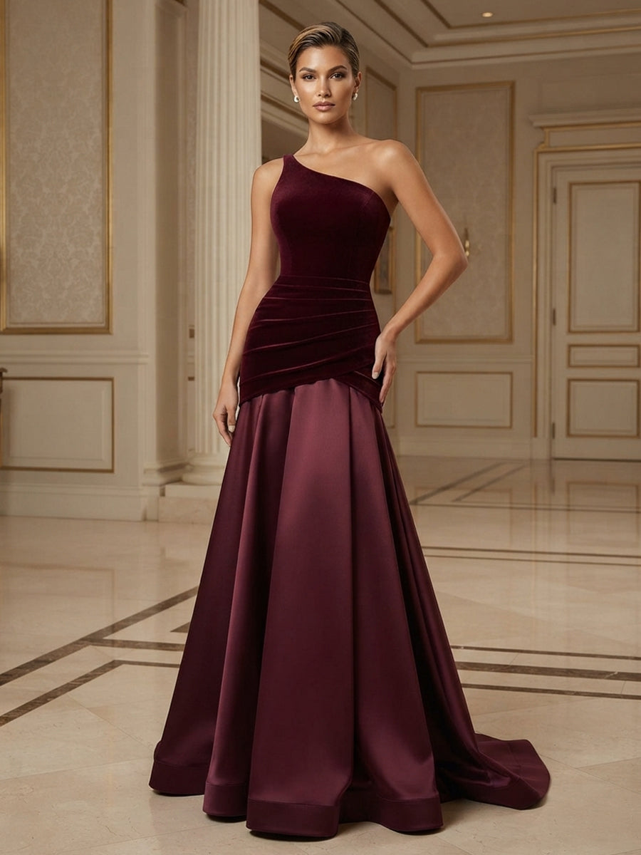 Mermaid/Trumpet One Shoulder Velvet Maxi Evening Dresses with Ruched Waist & Sweep Train