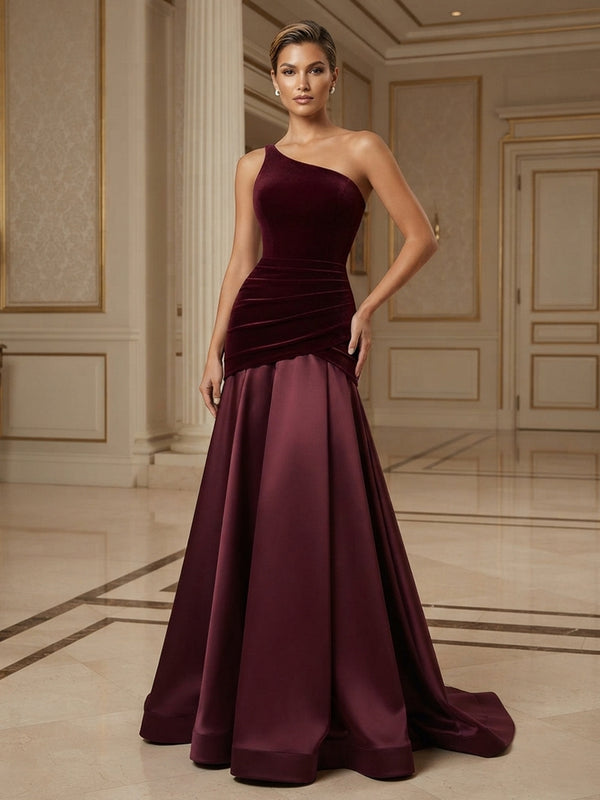 Mermaid/Trumpet One Shoulder Velvet Maxi Evening Dresses with Ruched Waist & Sweep Train