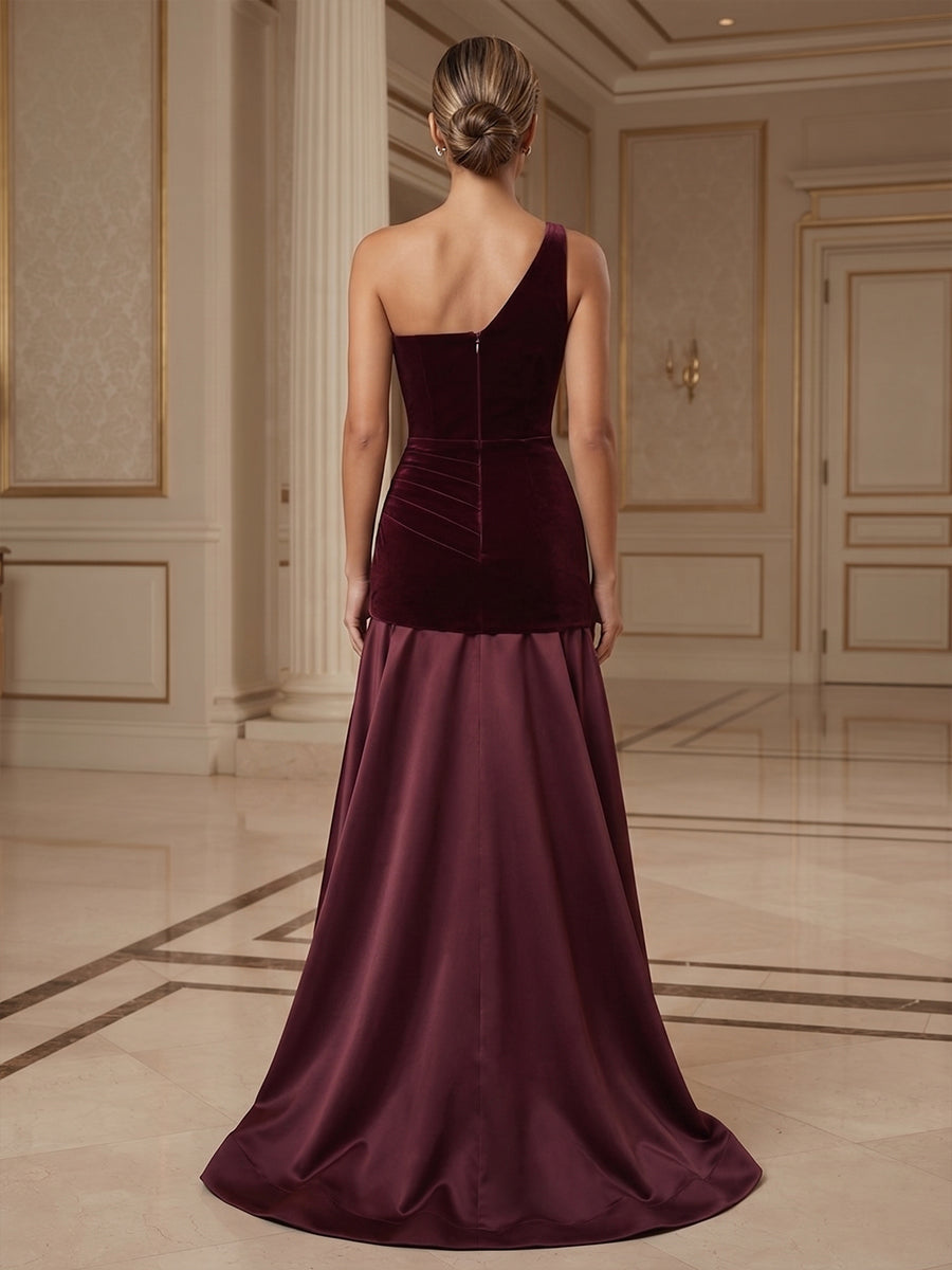 Mermaid/Trumpet One Shoulder Velvet Maxi Evening Dresses with Ruched Waist & Sweep Train