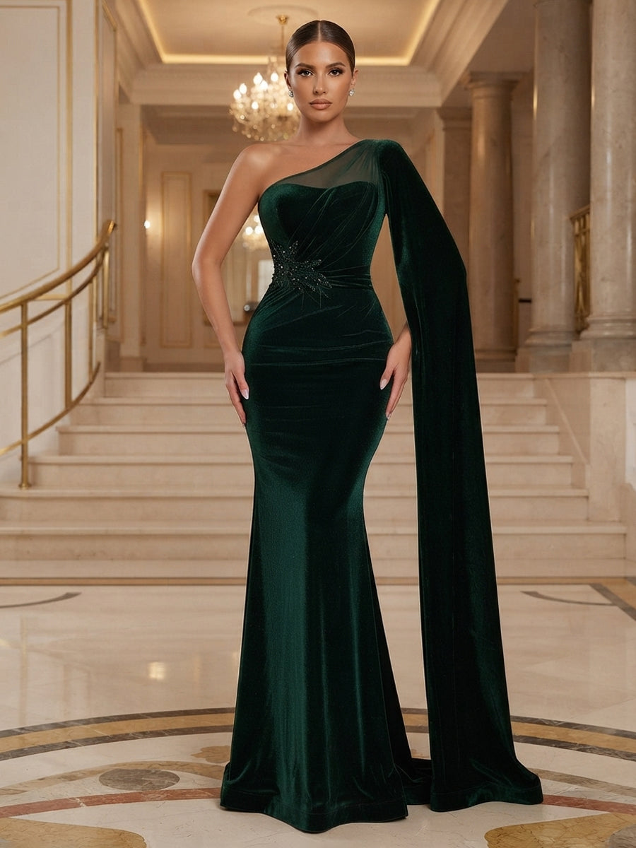 Mermaid/Trumpet One Shoulder Velvet Maxi Evening Dresses with Side Draped Sash