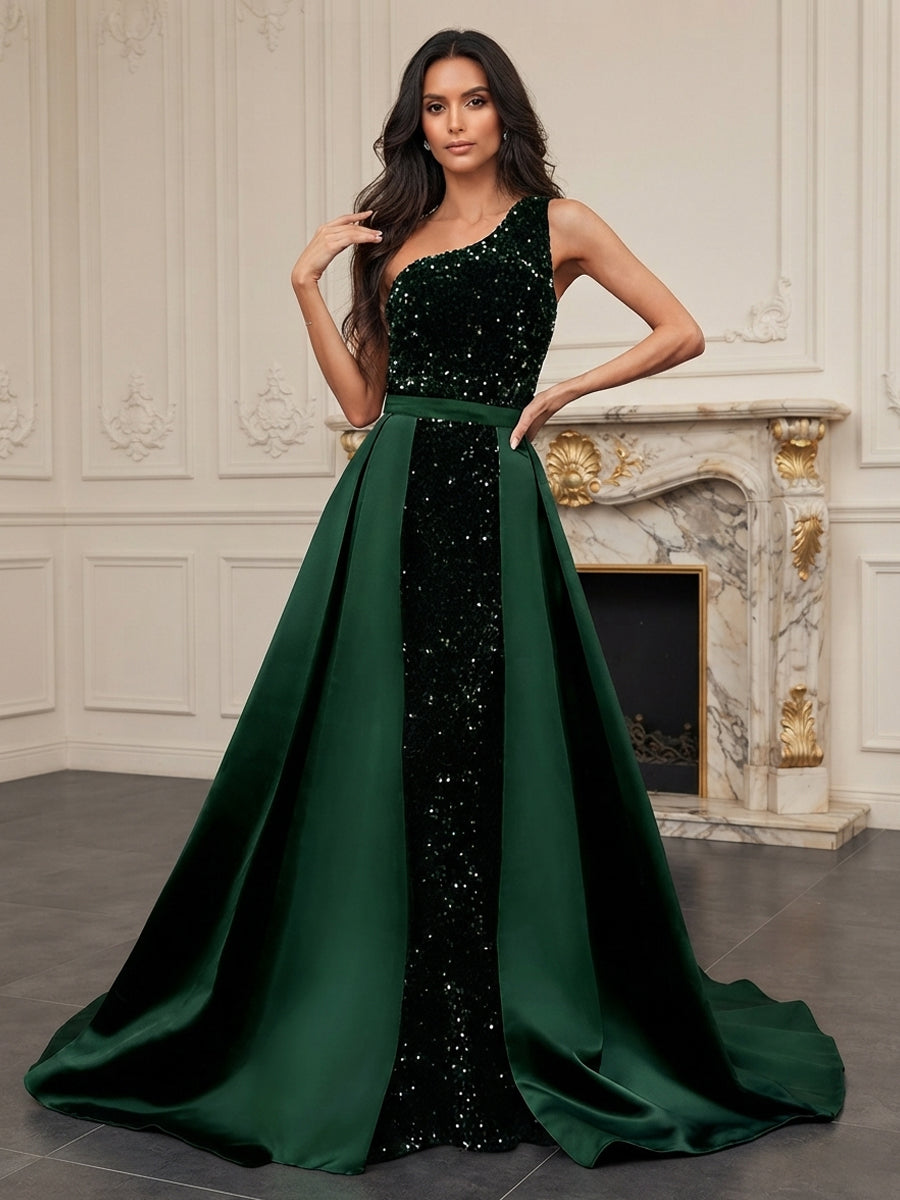 A-Line/Princess One Shoulder Velvet Maxi Evening Dresses with Sequin Floral