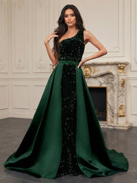 A-Line/Princess One Shoulder Velvet Maxi Evening Dresses with Sequin Floral
