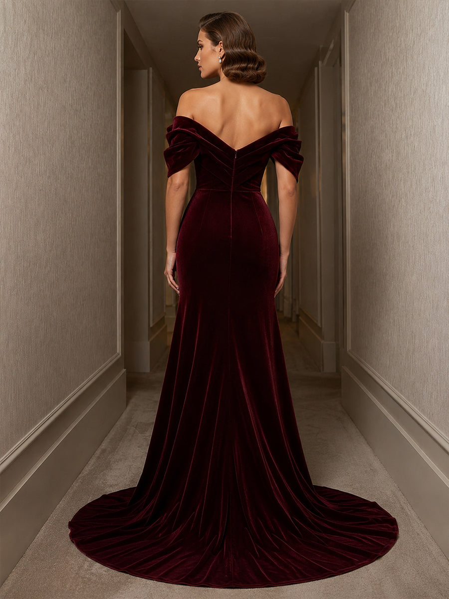 Sheath/Column Off Shoulder Velvet Maxi Evening Dresses with Ruched Waist & Slit