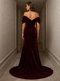 Sheath/Column Off Shoulder Velvet Maxi Evening Dresses with Ruched Waist & Slit