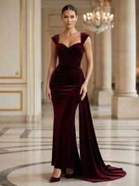 Sheath/Column Sweetheart Velvet Maxi Evening Dresses with Side Draped Sash