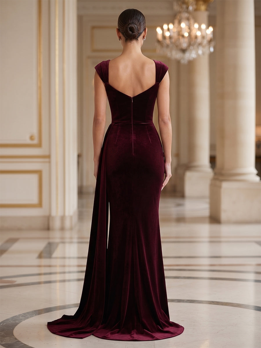 Sheath/Column Sweetheart Velvet Maxi Evening Dresses with Side Draped Sash