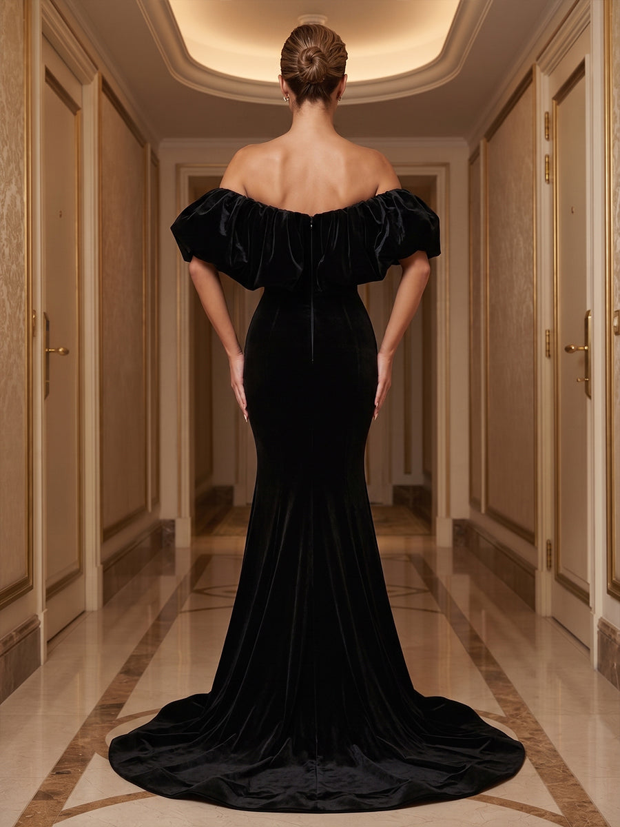 Mermaid/Trumpet Off Shoulder Velvet Maxi Evening Dresses with Sweep Train