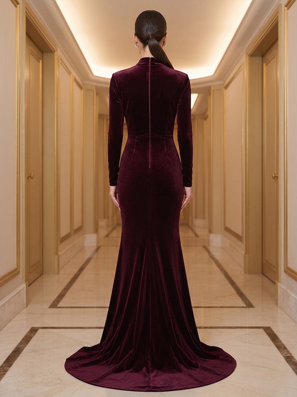 Mermaid/Trumpet V-Neck Velvet Maxi Evening Dresses with Ruched Waist & Sweep Train