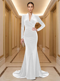 Mermaid/Trumpet V-Neck Velvet Maxi Evening Dresses with Ruched Waist & Sweep Train