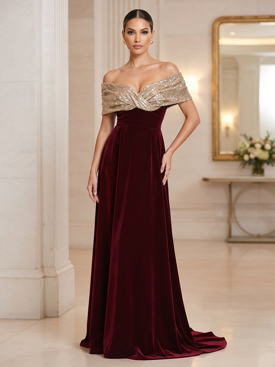 A-Line/Princess Off Shoulder Velvet Maxi Evening Dresses with Pleats