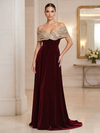 A-Line/Princess Off Shoulder Velvet Maxi Evening Dresses with Pleats