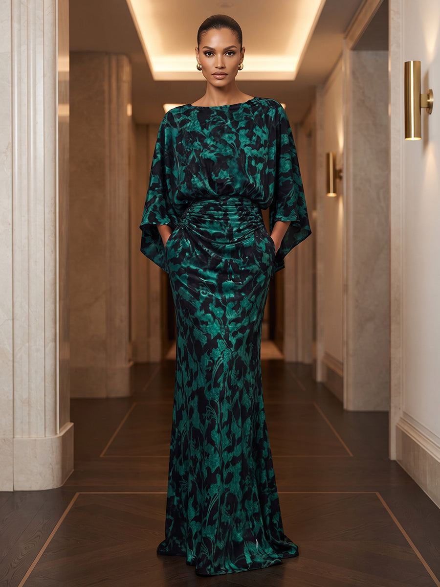 Sheath/Column Scoop Neck Velvet Maxi Evening Dresses with Ruched Waist & Pockets