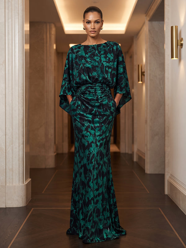 Sheath/Column Scoop Neck Velvet Maxi Evening Dresses with Ruched Waist & Pockets