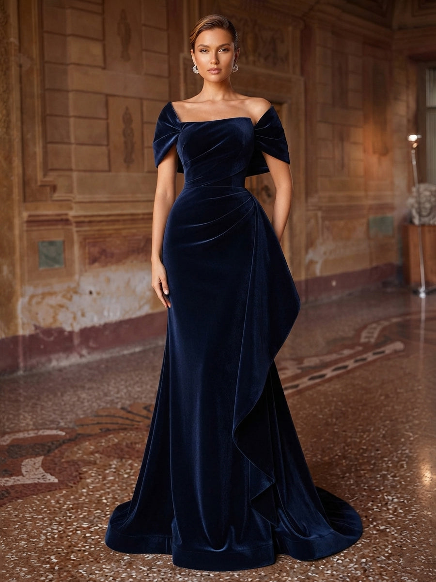 Mermaid/Trumpet Off Shoulder Velvet Maxi Evening Dresses with Ruffles & Ruched Waist