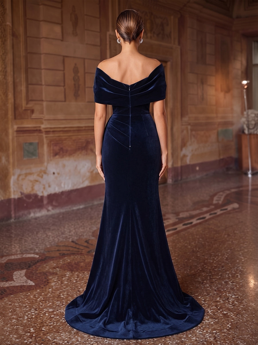 Mermaid/Trumpet Off Shoulder Velvet Maxi Evening Dresses with Ruffles & Ruched Waist
