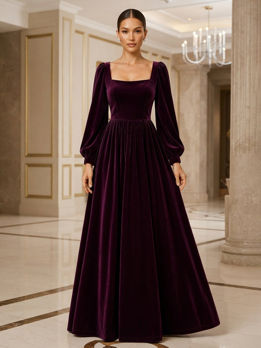A-Line/Princess Square Neck Velvet Maxi Evening Dresses with Pleats
