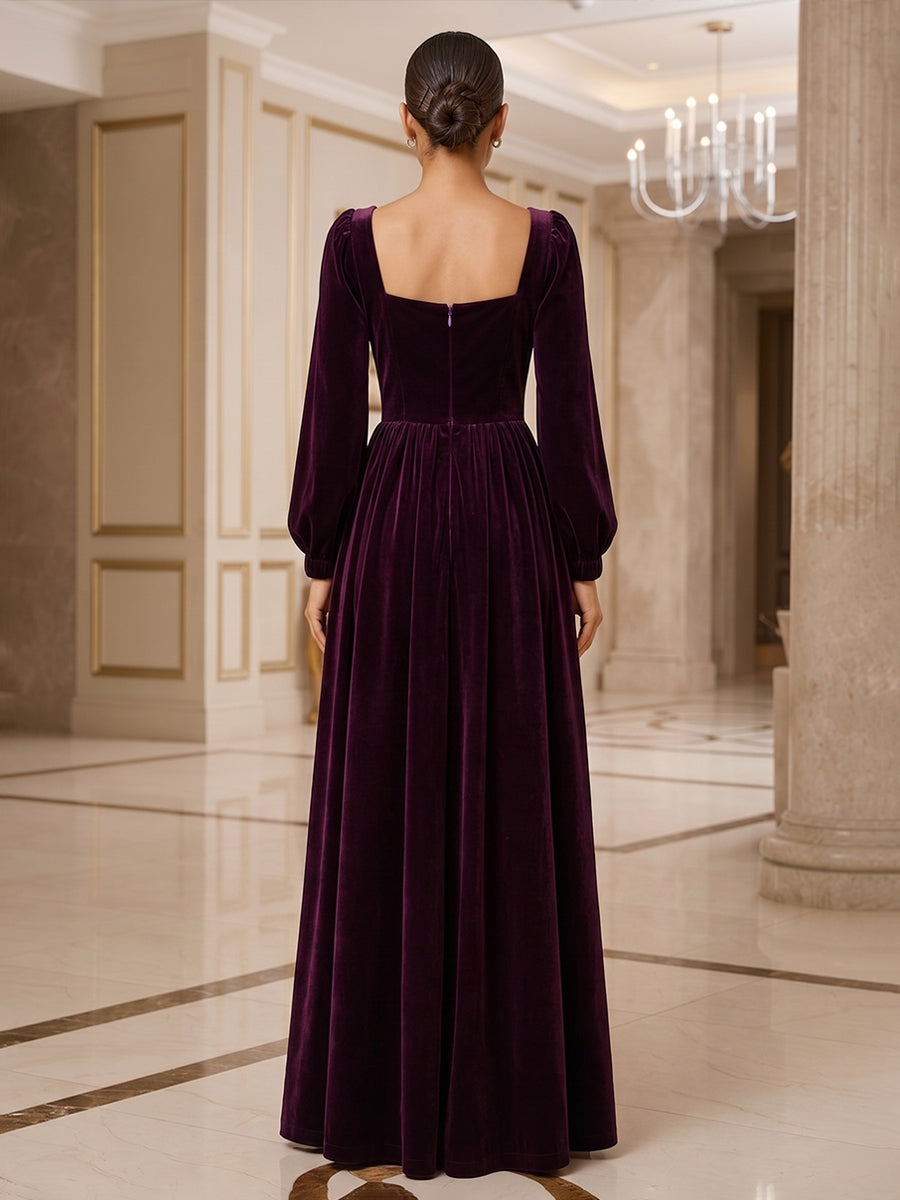 A-Line/Princess Square Neck Velvet Maxi Evening Dresses with Pleats