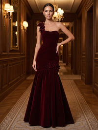 Mermaid/Trumpet One Shoulder Velvet Maxi Evening Dresses with 3D Flowers & Pleats