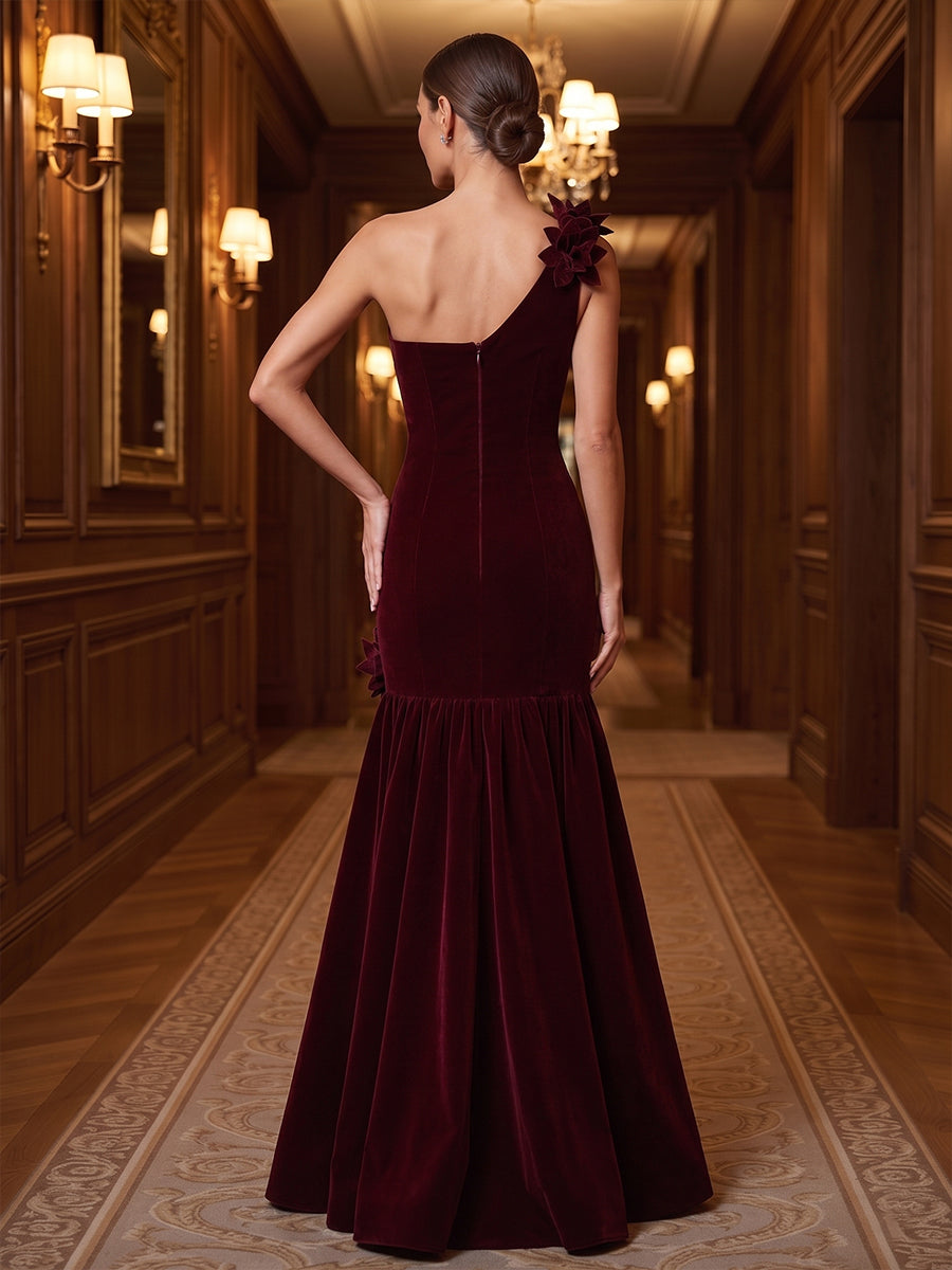 Mermaid/Trumpet One Shoulder Velvet Maxi Evening Dresses with 3D Flowers & Pleats