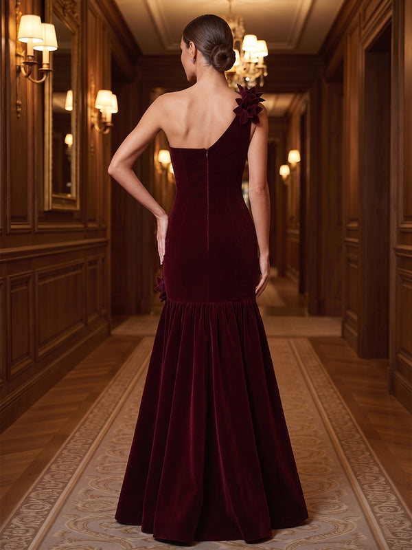 Mermaid/Trumpet One Shoulder Velvet Maxi Evening Dresses with 3D Flowers & Pleats