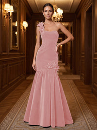 Mermaid/Trumpet One Shoulder Velvet Maxi Evening Dresses with 3D Flowers & Pleats