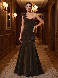 Mermaid/Trumpet One Shoulder Velvet Maxi Evening Dresses with 3D Flowers & Pleats