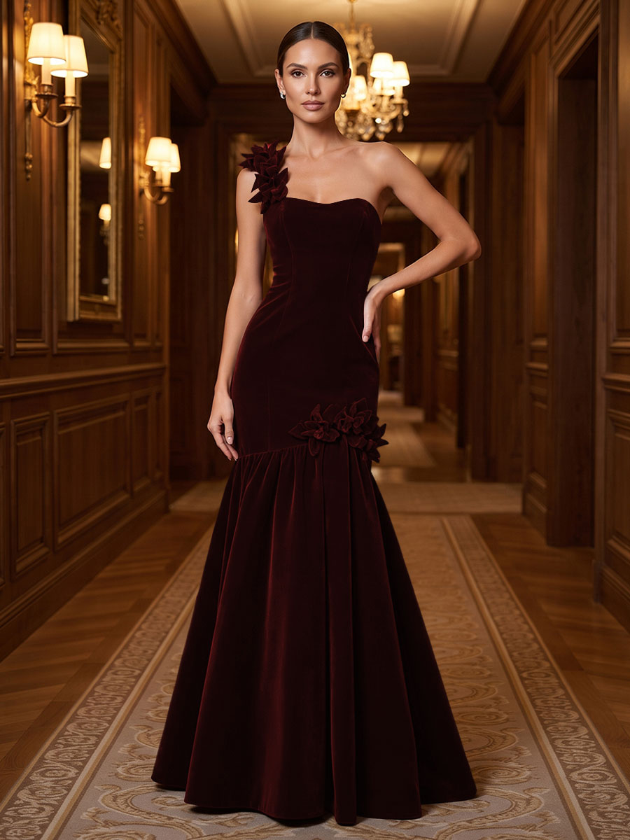 Mermaid/Trumpet One Shoulder Velvet Maxi Evening Dresses with 3D Flowers & Pleats