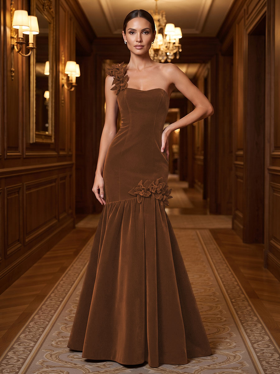 Mermaid/Trumpet One Shoulder Velvet Maxi Evening Dresses with 3D Flowers & Pleats