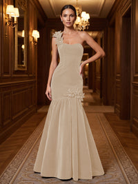 Mermaid/Trumpet One Shoulder Velvet Maxi Evening Dresses with 3D Flowers & Pleats