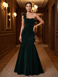 Mermaid/Trumpet One Shoulder Velvet Maxi Evening Dresses with 3D Flowers & Pleats