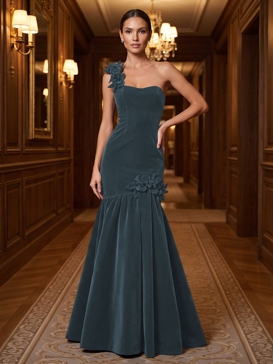 Mermaid/Trumpet One Shoulder Velvet Maxi Evening Dresses with 3D Flowers & Pleats