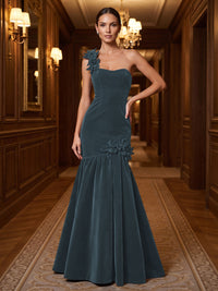 Mermaid/Trumpet One Shoulder Velvet Maxi Evening Dresses with 3D Flowers & Pleats