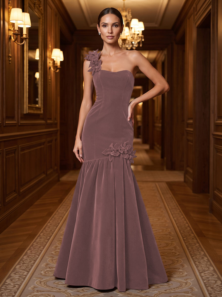 Mermaid/Trumpet One Shoulder Velvet Maxi Evening Dresses with 3D Flowers & Pleats