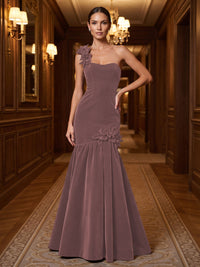 Mermaid/Trumpet One Shoulder Velvet Maxi Evening Dresses with 3D Flowers & Pleats