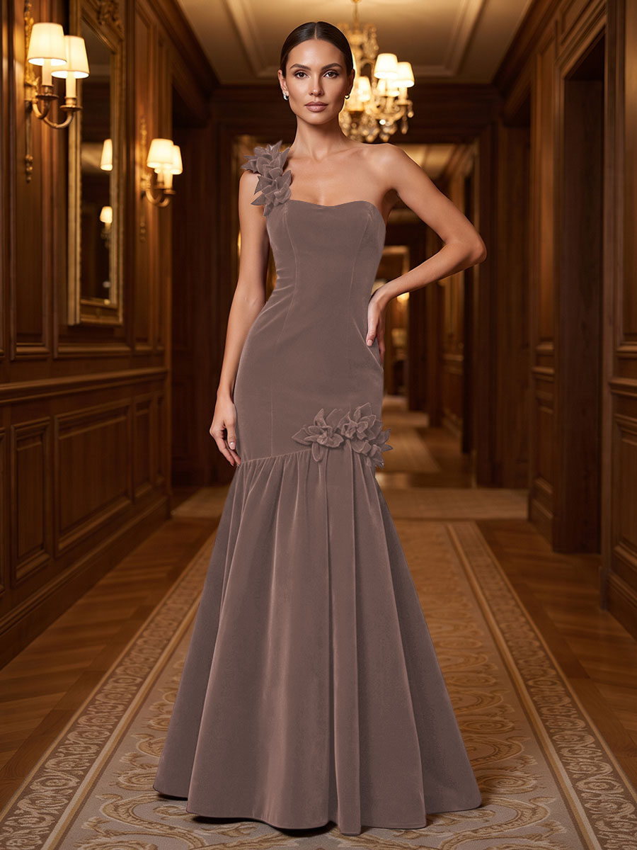 Mermaid/Trumpet One Shoulder Velvet Maxi Evening Dresses with 3D Flowers & Pleats