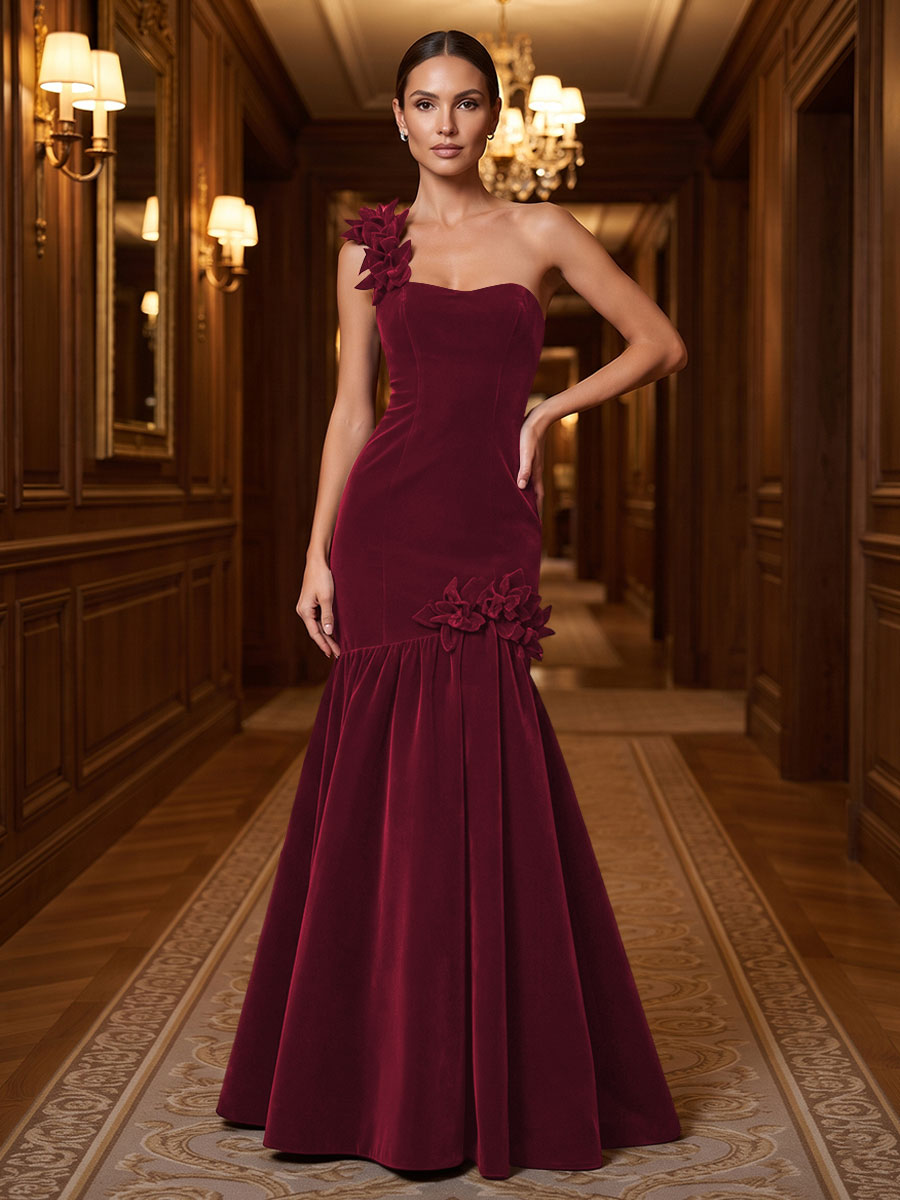 Mermaid/Trumpet One Shoulder Velvet Maxi Evening Dresses with 3D Flowers & Pleats