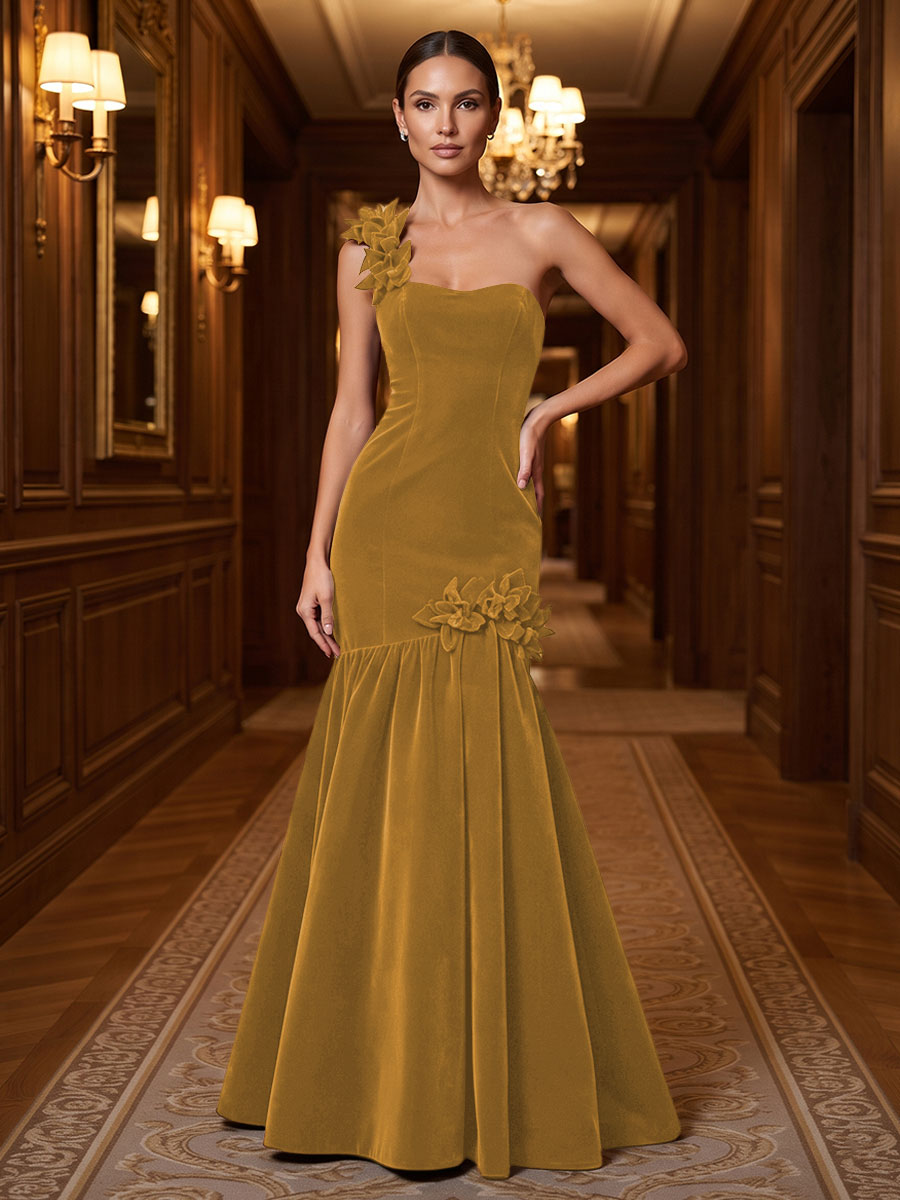 Mermaid/Trumpet One Shoulder Velvet Maxi Evening Dresses with 3D Flowers & Pleats