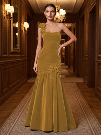 Mermaid/Trumpet One Shoulder Velvet Maxi Evening Dresses with 3D Flowers & Pleats